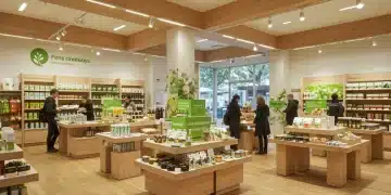 Modern sustainable retail store interior with green products and natural light