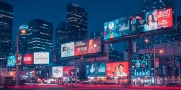Futuristic cityscape with digital ads representing US digital ad spend growth