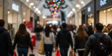 Vibrant US holiday shopping season scene with shoppers and festive decor
