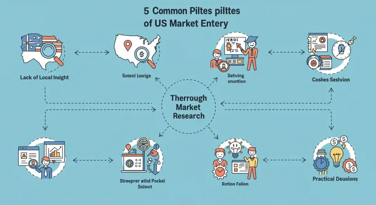 Infographic showing common US market entry pitfalls and their solutions