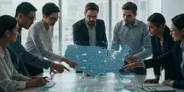 Business team analyzing US market entry data on a digital map
