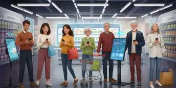 Consumers using voice assistants for shopping in a modern retail setting.