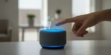 Hand interacting with smart speaker for voice commerce