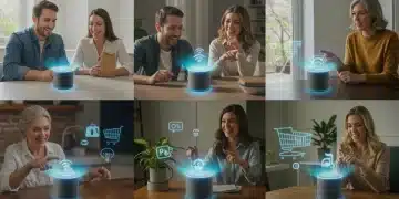 Voice Commerce Optimization: 6 Steps for US Brands to Capture 8% of Smart Speaker Sales in 2025 People using smart speakers for shopping, illustrating voice commerce convenience for US consumers.