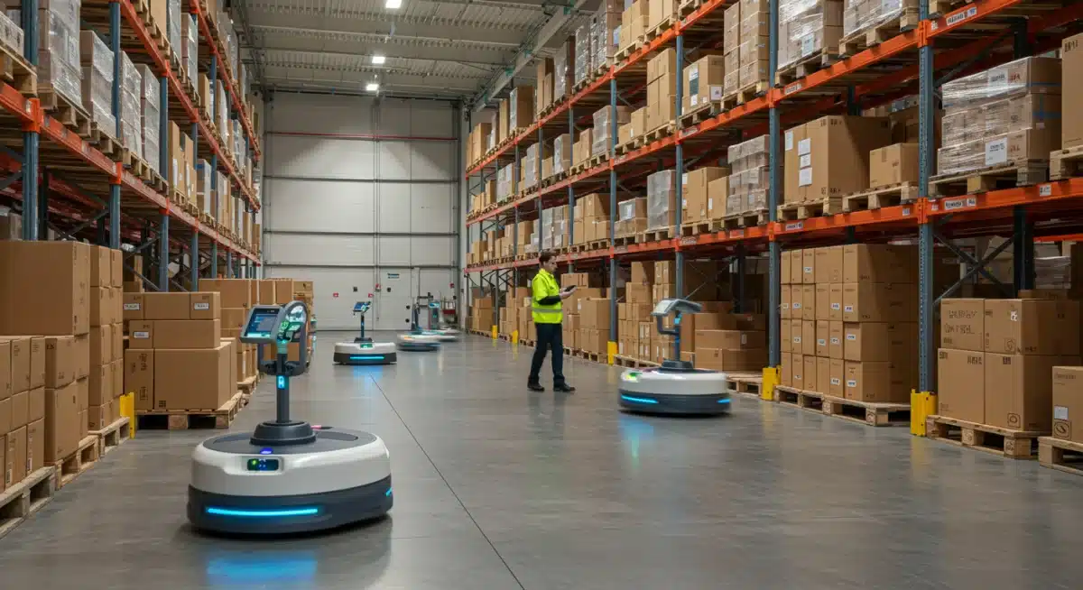 Autonomous robots scanning inventory in a modern warehouse using IoT